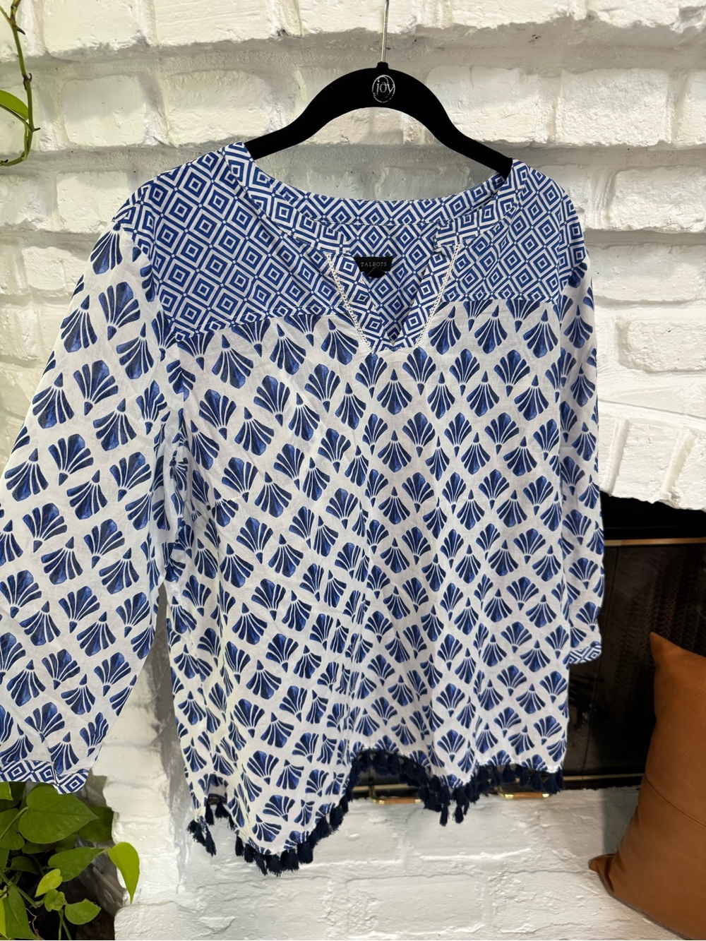 Talbots White & Blue Printed Cotton Tunic with Tassel Hem